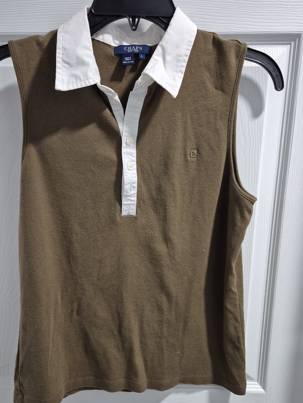 Chaps Navy Label on Olive Fabric